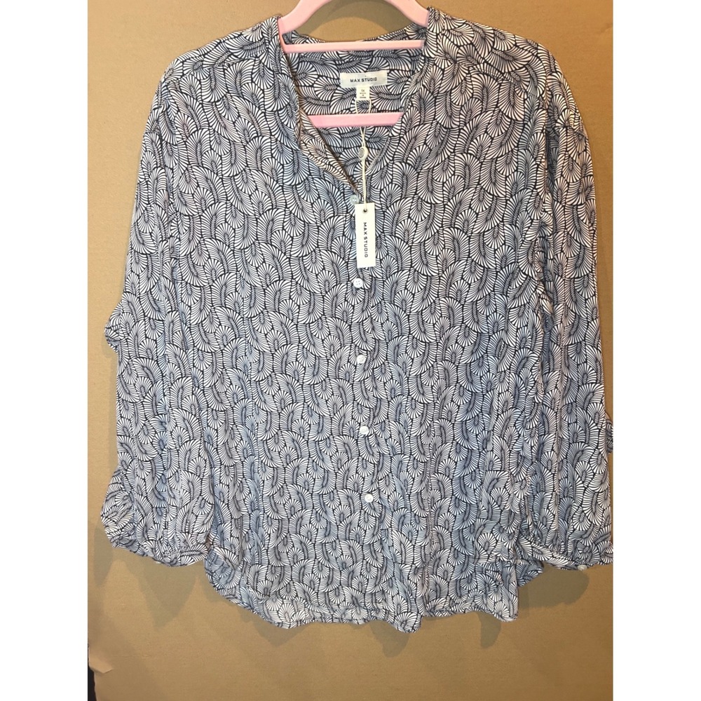 Max Studio Blouse Women 1X Black White New NWT Ruffle‎ Back Geometric Fan Print